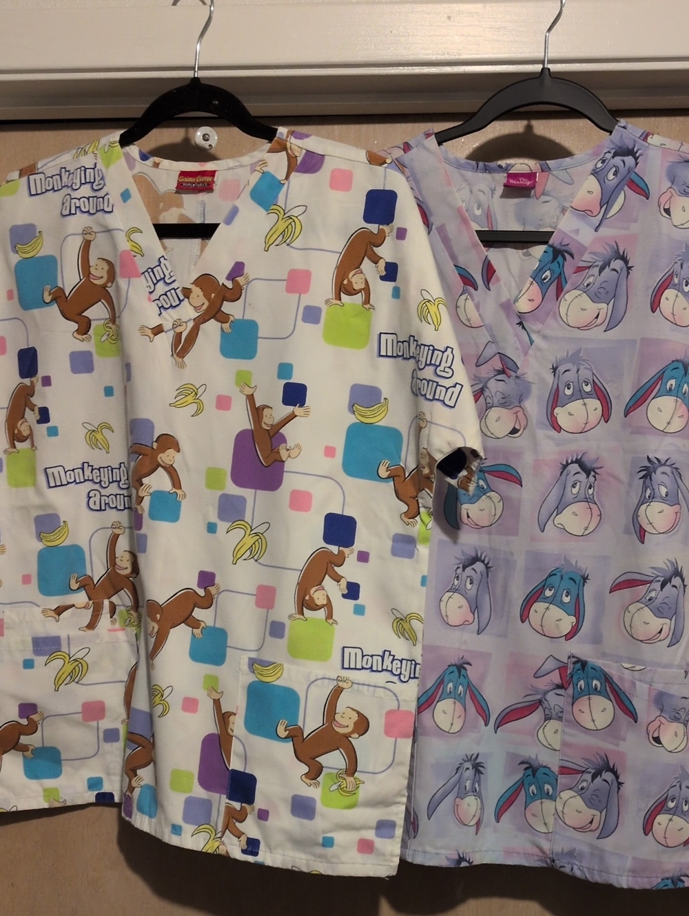 Unbranded Scrubs Top - Playful Monkey & Eeyore Prints in White and Lavender